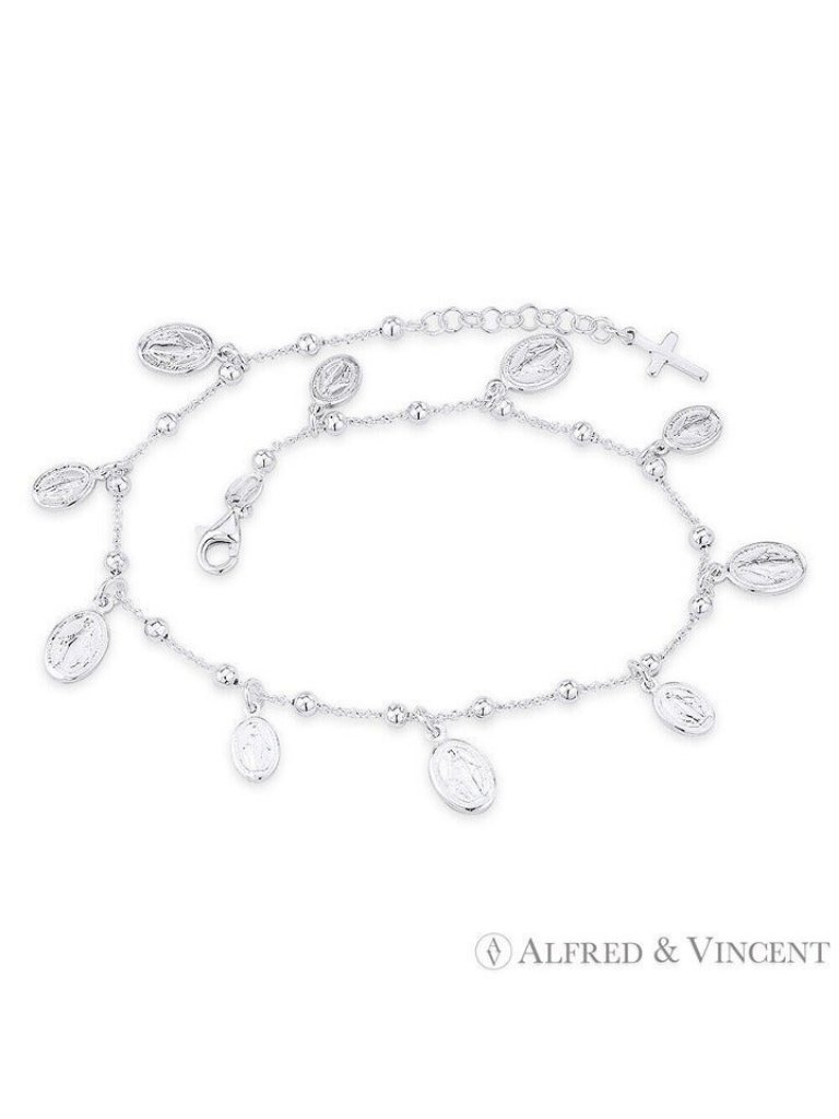 Holy Mother Mary Miraculous Medal Cross Charm Anklet In 925 Sterling Silver- 9"